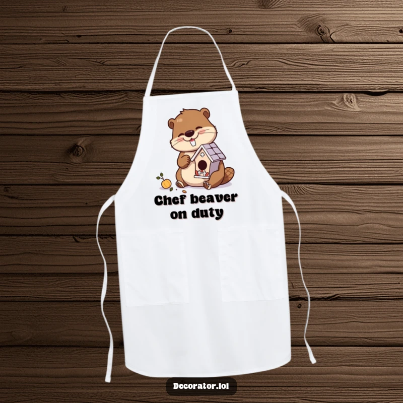 Funny apron featuring a diligent beaver character meticulously crafting a miniature, ornate birdhouse.