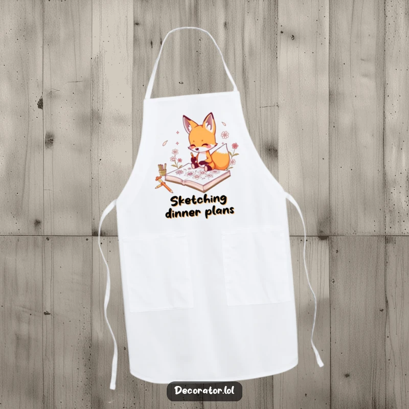 Funny apron featuring a curious fox character sketching intricate floral designs in a sketchbook.