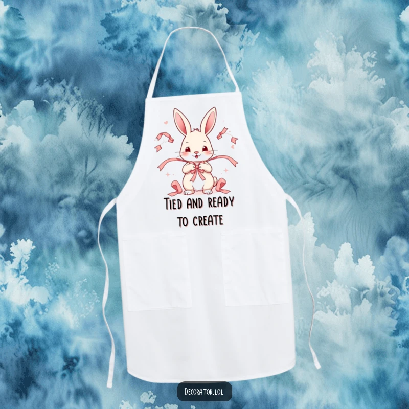 Funny apron featuring a playful rabbit character expertly arranging decorative ribbons in a whimsical, artistic pattern.