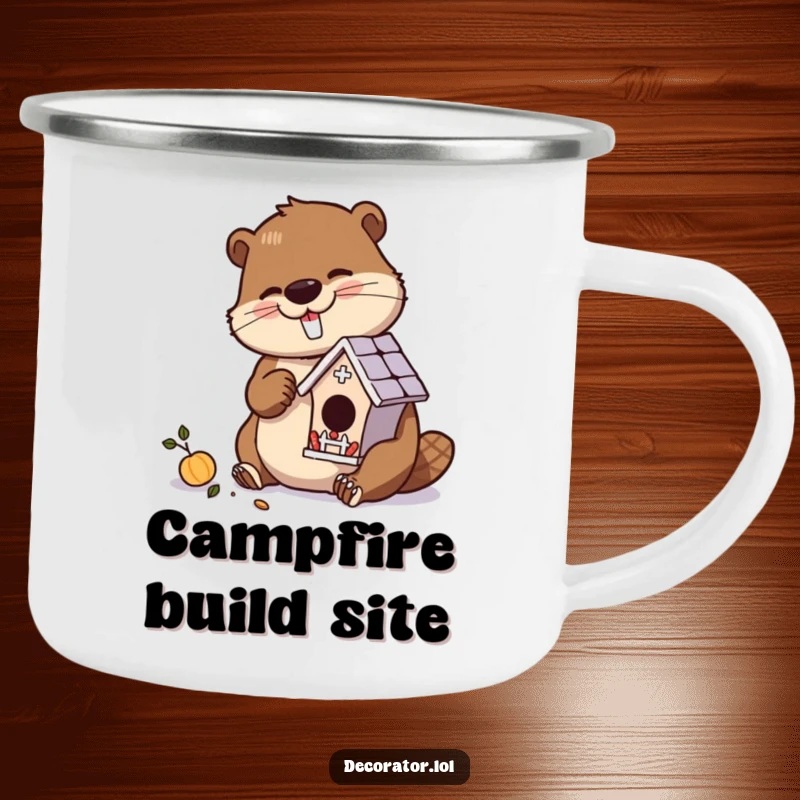 Funny camping mug with a diligent beaver character meticulously crafting a miniature, ornate birdhouse.