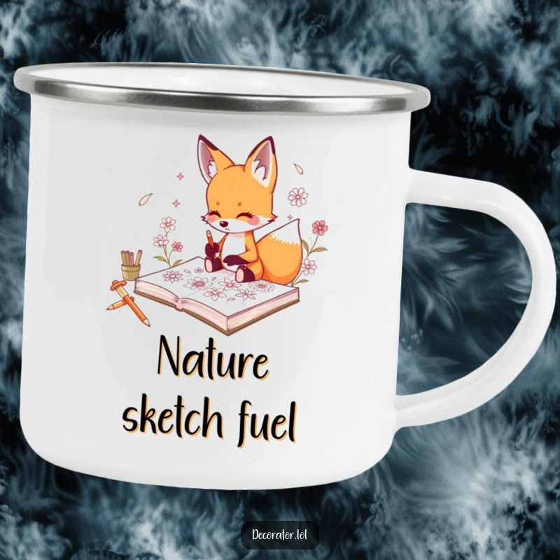 Funny camping mug with a curious fox character sketching intricate floral designs in a sketchbook.