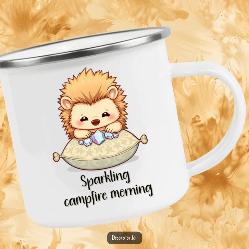 Funny camping mug with a happy hedgehog character carefully placing sparkly gems onto a patterned cushion.