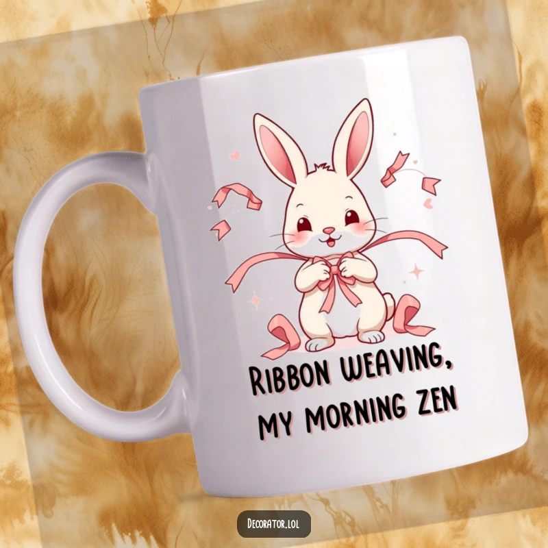 Funny mug featuring a playful rabbit character expertly arranging colorful decorative ribbons in a whimsical, cheerful pattern.
