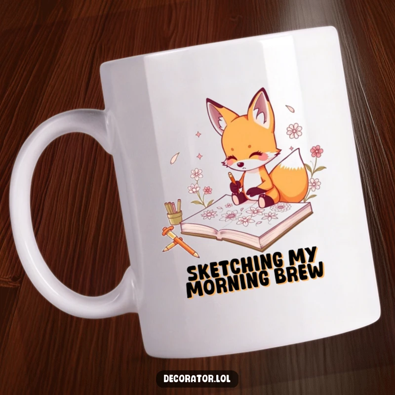 Funny mug featuring a curious fox character sketching intricate floral designs in a sketchbook with concentration.