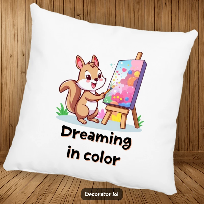 Funny Squirrel Pillow: A cheerful character painting a vibrant mural on a large, colorful canvas, offering plush comfort and artistic vibes.
