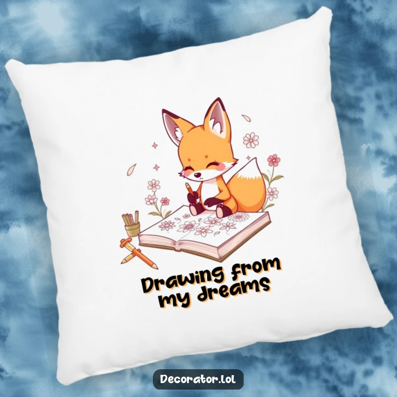 Funny pillow with a curious fox character sketching intricate floral designs in a sketchbook.