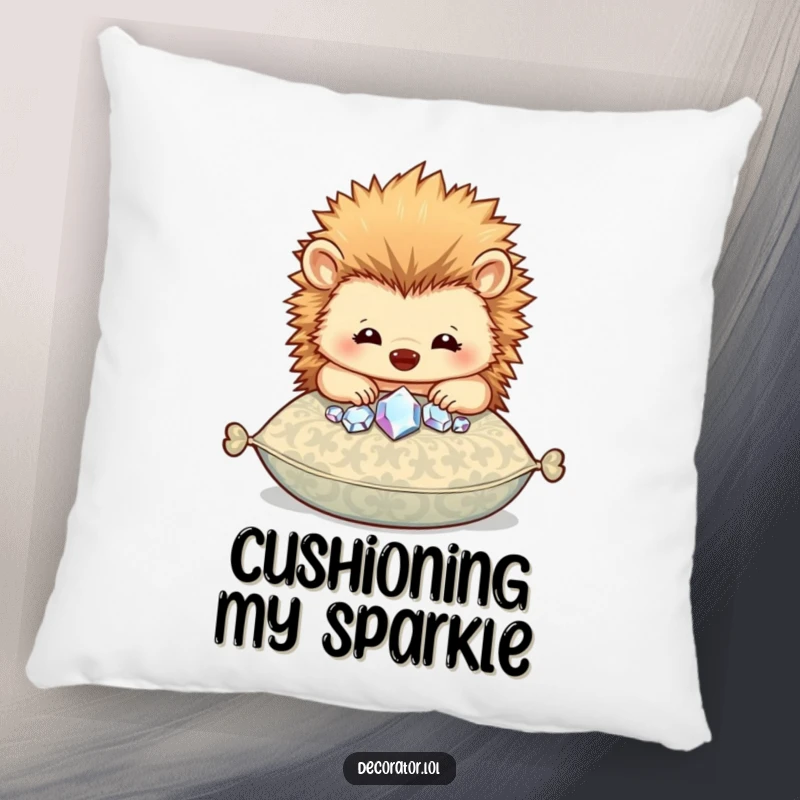Funny pillow with a happy hedgehog character carefully placing sparkly gems onto a patterned cushion.