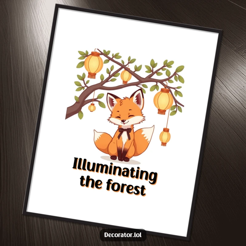 Funny Digital Art Print of a playful fox cub hanging delicate lanterns from tree branches, creating a humorous and magical scene.