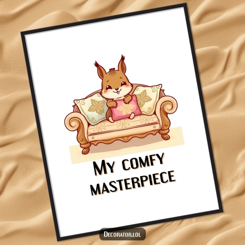 Funny Digital Art Print of a cheerful squirrel artistically arranging ornate sofa cushions, a humorous and delightful scene.