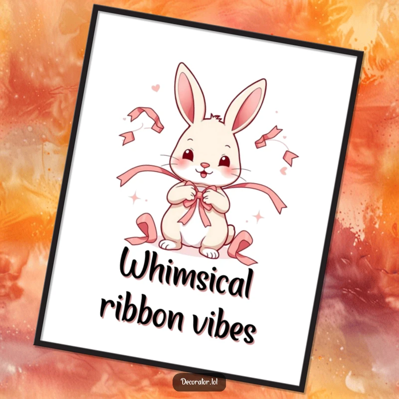 Funny digital art print of a playful rabbit character expertly arranging decorative ribbons in a whimsical pattern.