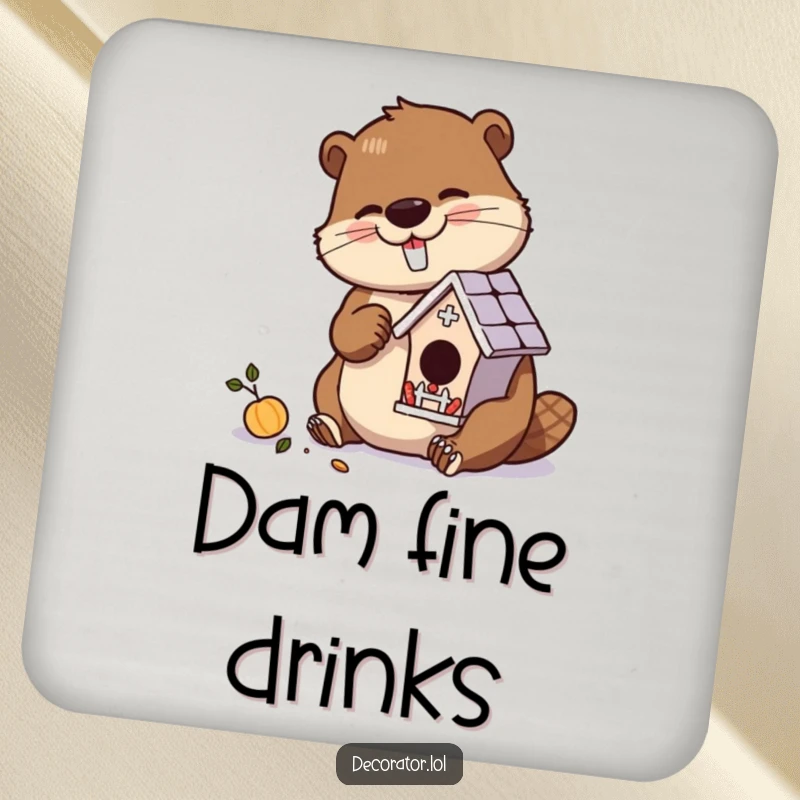 Funny drink coasters featuring a diligent beaver character meticulously crafting a miniature, ornate birdhouse.