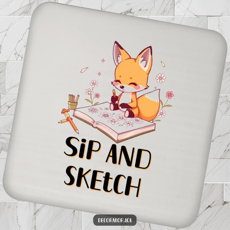 Funny drink coasters featuring a curious fox character sketching intricate floral designs in a sketchbook.
