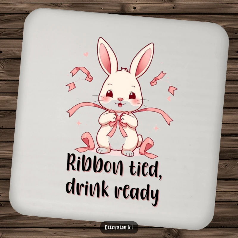 Funny drink coasters featuring a playful rabbit character arranging decorative ribbons in a whimsical pattern.