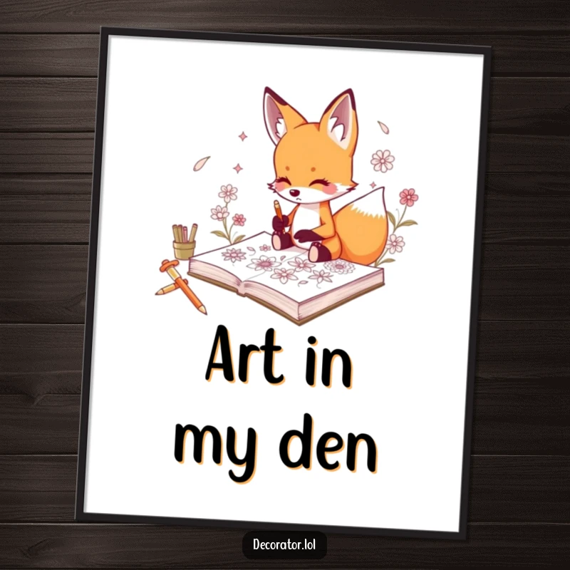 Funny poster showcasing a curious fox character sketching intricate floral designs in a sketchbook.