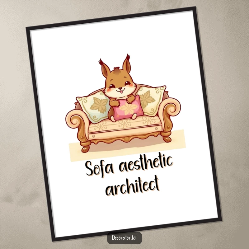 Funny Poster of a cheerful squirrel artistically arranging ornate sofa cushions, a humorous and charming piece of wall art.