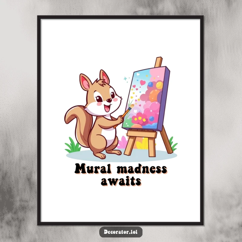 Funny Squirrel Poster: A cheerful character painting a vibrant mural on a large, colorful canvas, perfect for inspiring creativity.