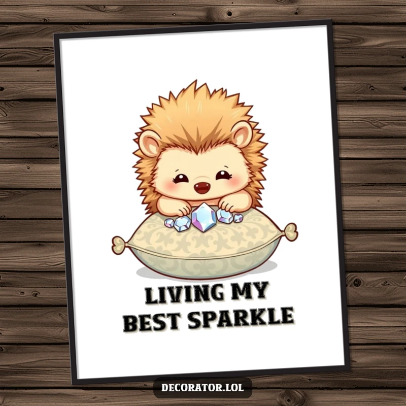 Funny poster showcasing a happy hedgehog character carefully placing sparkly gems onto a patterned cushion.