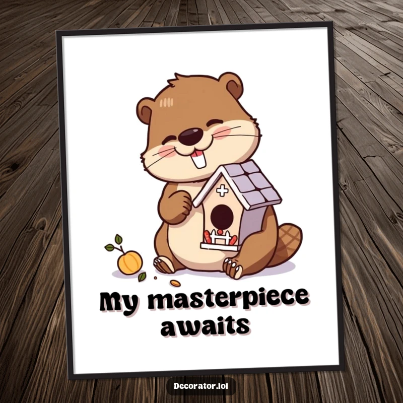 Funny poster showcasing a diligent beaver character meticulously crafting a miniature, ornate birdhouse with dedication.