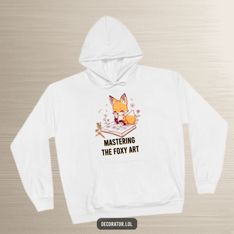 Funny hoodie featuring a curious fox character sketching intricate floral designs in a sketchbook with focus.
