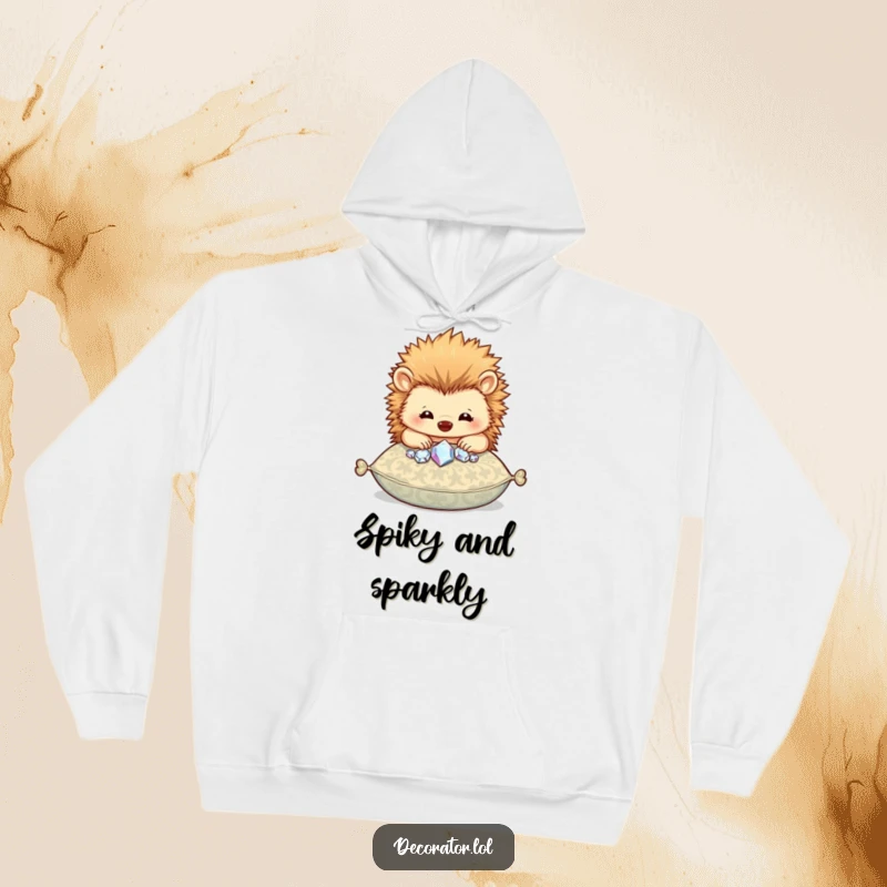 Funny hoodie featuring a happy hedgehog character carefully placing sparkly gems onto a patterned cushion.