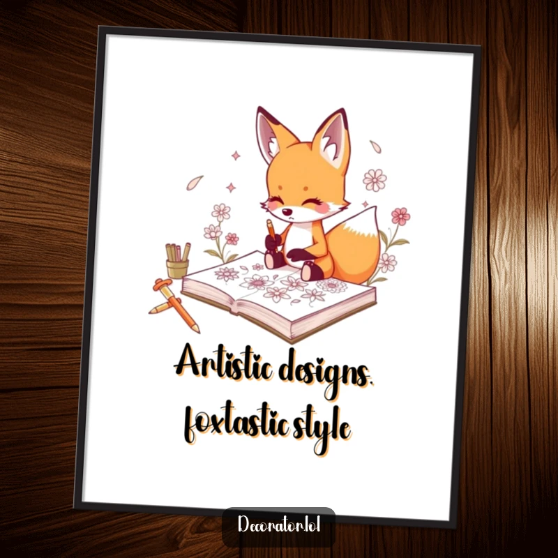 Funny Free Printable Wall Art showcasing a curious fox diligently sketching intricate and beautiful floral designs within a sketchbook.