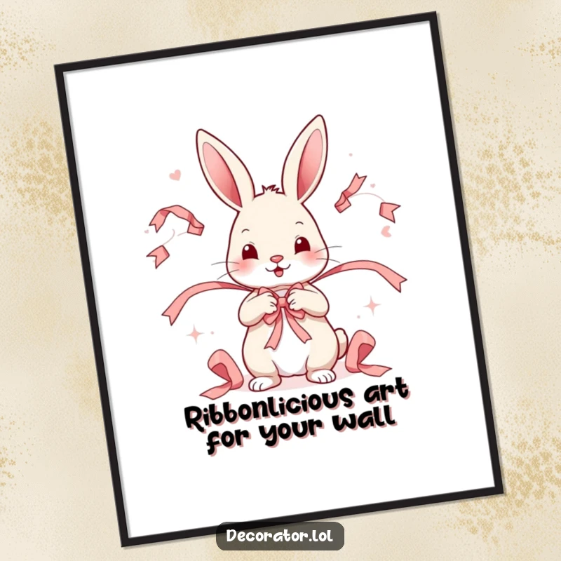 Funny Free Printable Wall Art depicting a cheerful rabbit artist artistically arranging decorative ribbons in a whimsical, eye-catching pattern.