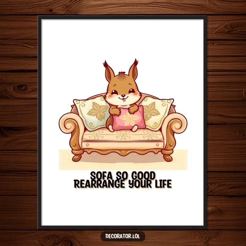 Funny Free Printable Wall Art: A cheerful squirrel meticulously arranging plush cushions on a sofa, showcasing its interior design flair.