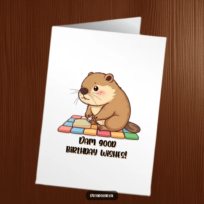 Funny Free Printable Birthday Card: Busy beaver carefully placing colorful floor tiles, a humorous birthday message.