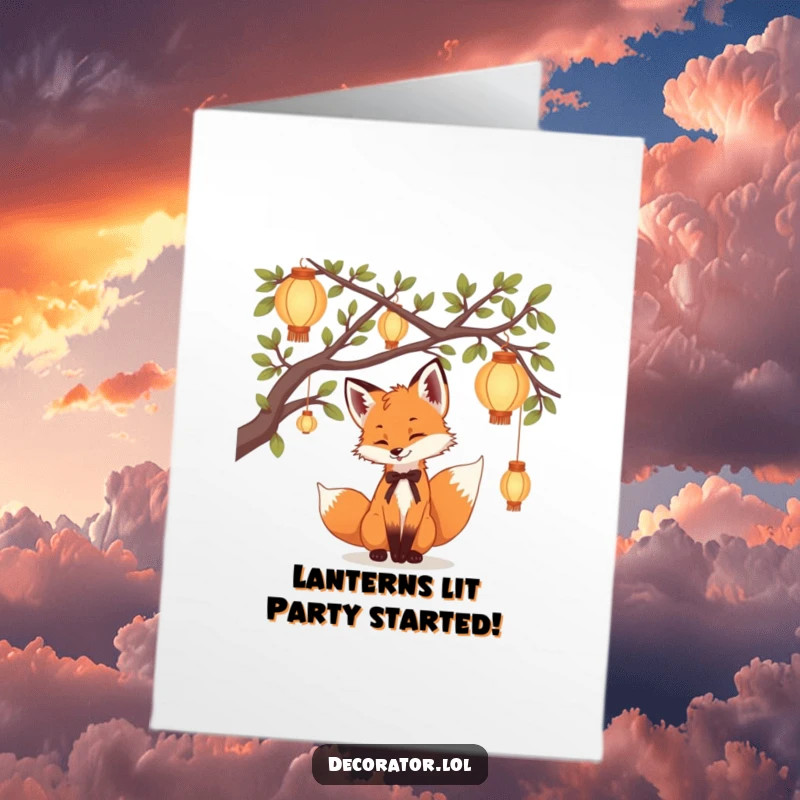 Funny Free Printable Birthday Card: A playful fox cub carefully hangs delicate, glowing lanterns from tree branches, radiating excitement.