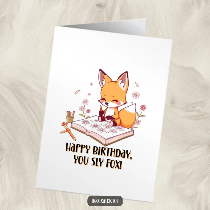 Funny Free Printable Birthday Card showing a curious fox intently sketching beautiful, intricate floral designs in a sketchbook.