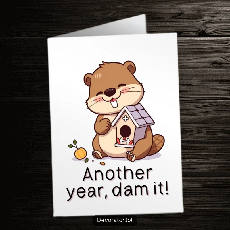 Funny Free Printable Birthday Card showing a diligent beaver meticulously building a tiny, detailed birdhouse with great concentration.