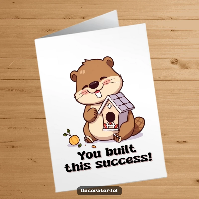 Funny Free Printable Congratulations Card featuring a dedicated beaver crafting an intricate miniature birdhouse with precision and care.
