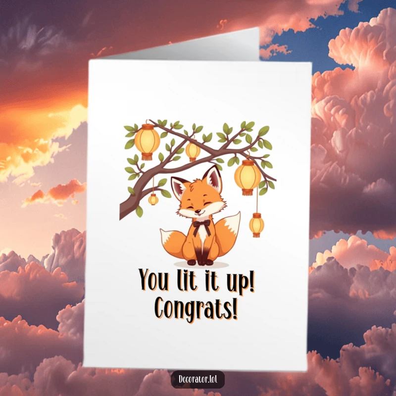 Funny Free Printable Congratulations Card: A playful fox cub thoughtfully hangs delicate lanterns from tree branches, creating a festive atmosphere.