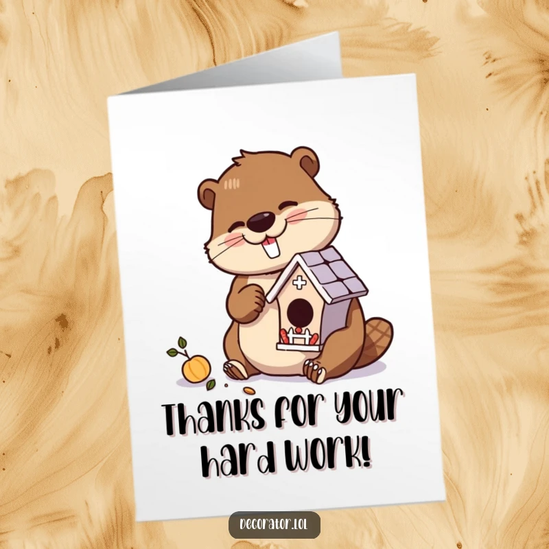 Funny Free Printable Thank You Card showing a beaver focused on building a small, ornate birdhouse, expressing thanks.