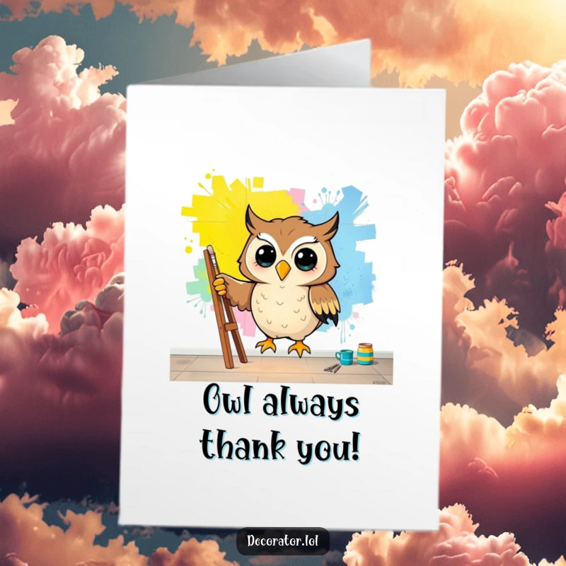 Funny Free Printable Thank You Card: A happy owl painting a large, vibrant mural, a beautiful and funny way to say thanks.