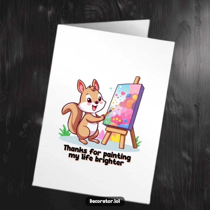 Funny Free Printable Thank You Card: A cheerful squirrel painting a vibrant mural on canvas, a colorful thank you.