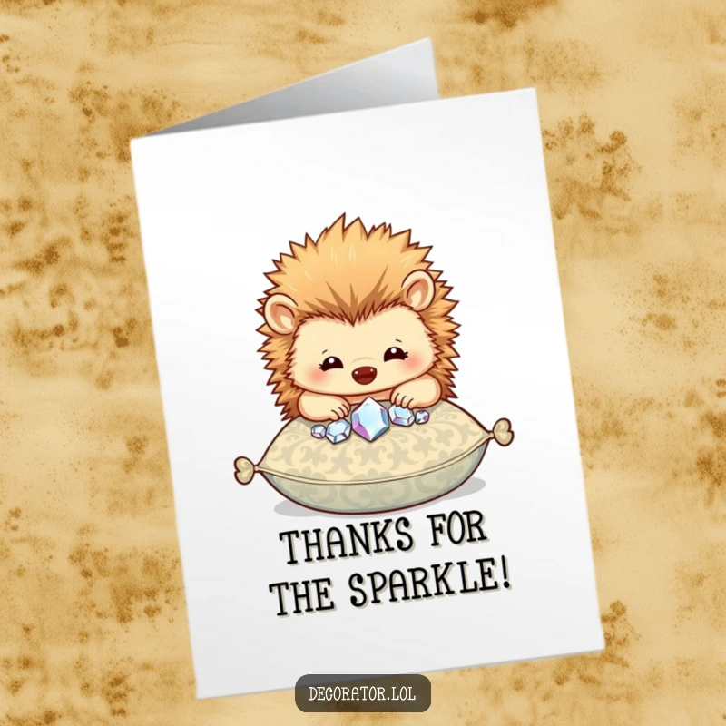 Funny Free Printable Thank You Card featuring a happy hedgehog carefully adding sparkly gems to a cushion, a gesture of thanks.