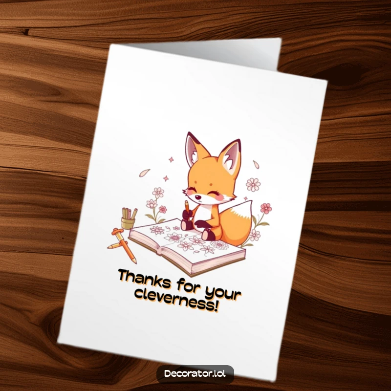 Funny Free Printable Thank You Card depicting a curious fox focused on sketching elaborate floral designs in its sketchbook.