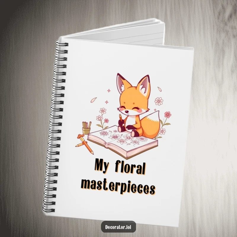 Funny notebook featuring a curious fox character sketching intricate floral designs in a sketchbook.