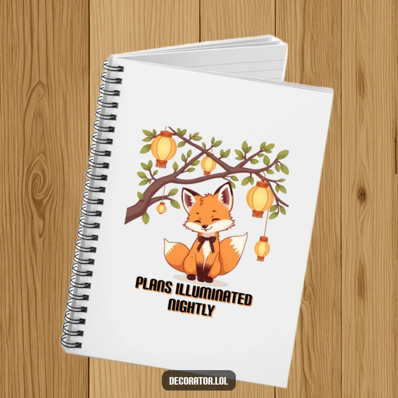 Funny Notebook with a playful fox cub hanging lanterns, perfect for recording whimsical thoughts and creative ideas.