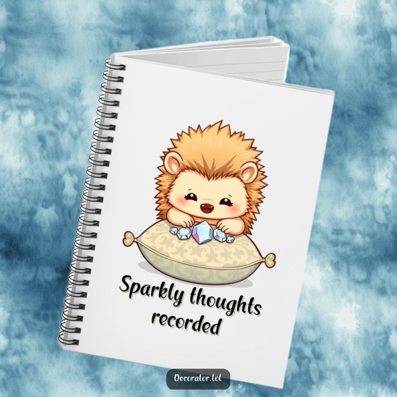 Funny notebook featuring a happy hedgehog character carefully placing sparkly gems onto a patterned cushion.