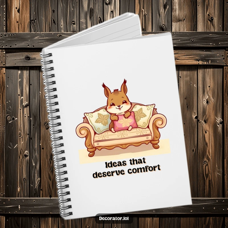 Funny Notebook with a cheerful squirrel arranging sofa cushions, perfect for jotting down humorous thoughts or design ideas.
