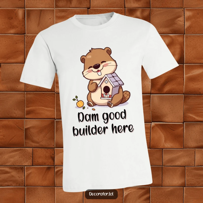 Funny t-shirt depicting a diligent beaver character meticulously crafting a miniature, ornate birdhouse with great care.
