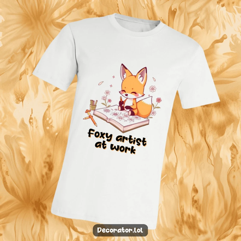 Funny t-shirt depicting a curious fox character sketching intricate floral designs in a sketchbook.