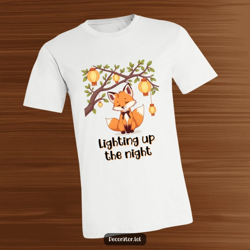 Funny T-Shirt showcasing a playful fox cub adorning tree branches with delicate lanterns, a magical and humorous forest scene.