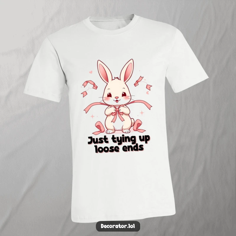Funny t-shirt with a playful rabbit character meticulously arranging decorative ribbons in a whimsical, eye-catching pattern.