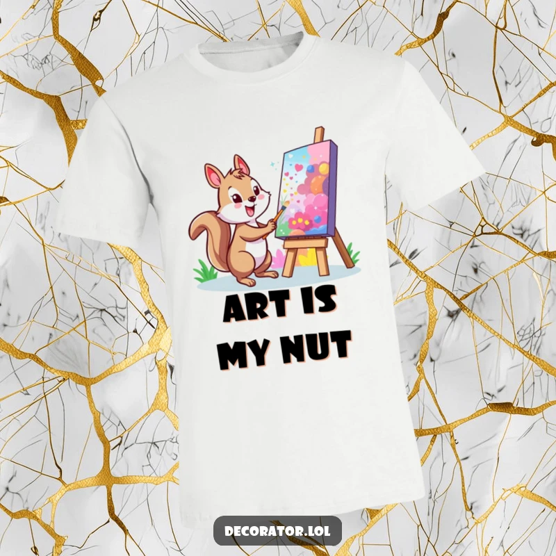 Funny Squirrel T-Shirt: A cheerful character painting a vibrant mural on a large, colorful canvas, perfect for creative and humorous expression.