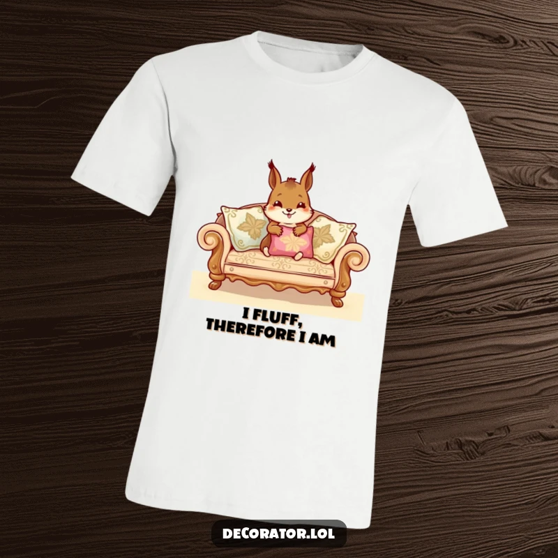 Funny T-Shirt showcasing a cheerful squirrel with flair, arranging ornate cushions on a comfy sofa, a humorous take on home styling.