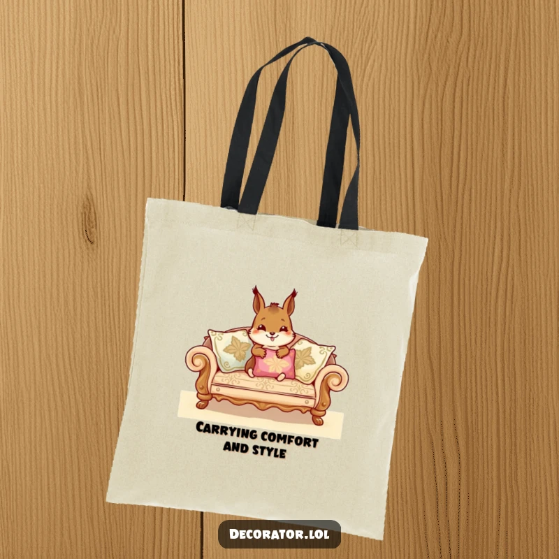 Funny Tote Bag depicting a cheerful squirrel busy arranging decorative sofa cushions, adding a humorous touch to everyday errands.