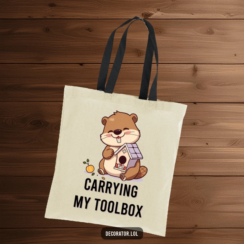 Funny tote bag featuring a diligent beaver character meticulously crafting a miniature, ornate birdhouse.